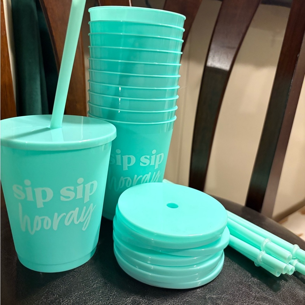 Aqua Party Cups with Lids and Straws